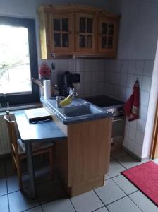 eine Küche mit einer Spüle und einer Arbeitsplatte in der Unterkunft Ferienhaus Ullrich in Augustusburg