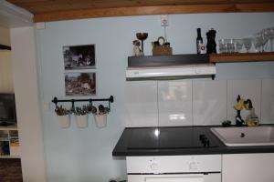 eine Küche mit einer Spüle und einer Theke mit Küchenutensilien in der Unterkunft Kolmårdstorpet Blomsätter in Kolmården + 4 Fotos