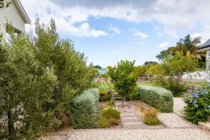 a garden with plants and a playground in the background at Nerf-af Cottage and private ROOMs at Onrus , Hermanus in Hermanus