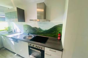 a kitchen with a sink and a counter top at Modernes Rhombushaus im Naturparadies Sauerland in Balve +41 photos