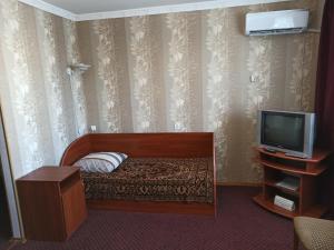 ein kleines Schlafzimmer mit einem Bett und einem TV in der Unterkunft Hotel "Nizhyn" in Nizhyn