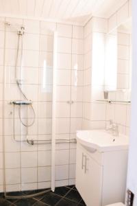 a bathroom with a shower and a sink at Djupvasshytta Bed & Breakfast in Geiranger