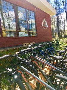 una fila de bicicletas estacionadas frente a un edificio en Apartament Bazatatry Kościeliska, en Zakopane