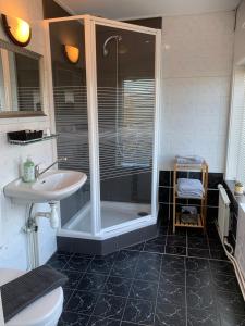 een badkamer met een douche en een wastafel bij HCR de Schelphoek in Serooskerke