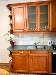 uma cozinha com armários de madeira e um lavatório em Balaton Apartman em Balatonföldvár