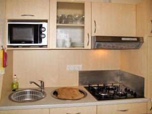 eine Küche mit Herd, Spüle und Mikrowelle in der Unterkunft Holiday Home Erzeberg-1 by Interhome in Balhorn