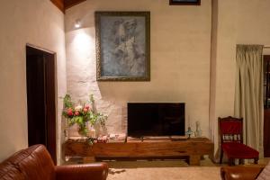 a living room with a television and a fireplace at Blue Fattoria Luxury Farm Accomodation in Fernside