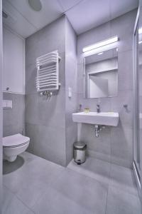 a bathroom with a toilet, sink, and mirror at Apartamenty Collegia in Gdańsk