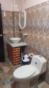 uma casa de banho com um WC, um lavatório e um espelho. em Asian House em Uyuni