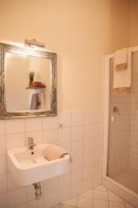y baño con lavabo, espejo y ducha. en Cà Vincenzona, Wellness Area, en Faenza