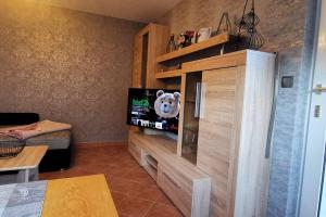 un soggiorno con un orsacchiotto su una TV di Ferienhaus Diana im Harz a Mansfeld