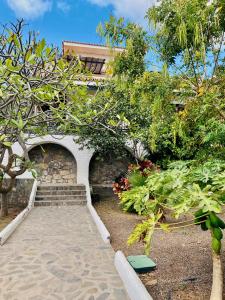 un jardín con un edificio de piedra y algunos árboles en Finca Gerardo Miramar, en Playa Calera