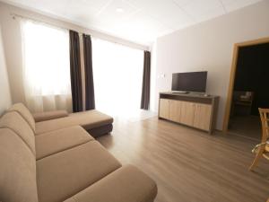 sala de estar con sofá y TV de pantalla plana en Dorka Apartman Zalakaros, en Zalakaros