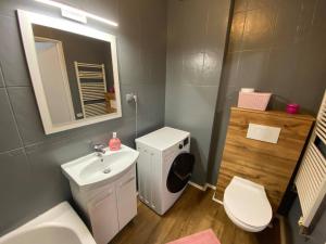a bathroom with a sink and a toilet and a mirror at Apartament Wiosełko Warszawa in Warsaw