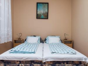 バラトンフェニヴェシュにあるHoliday Home Gerle by Interhomeのベッドルーム1室(ベッド2台付)が備わります。壁に絵が描かれています。