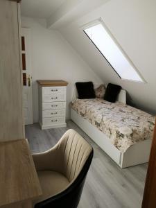 a bedroom with a bed and a skylight at Apartamentai Ramybė in Nida