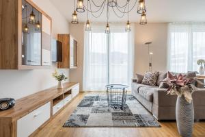 a living room with a couch and a table at Penthouse-Appartements Freiburg in Freiburg im Breisgau