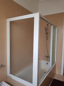 um chuveiro com uma porta de vidro na casa de banho em Rose view guest house em Lisboa