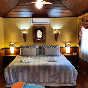 a bedroom with a large bed with two lights on it at Pousada Terra da Luz in Visconde De Maua