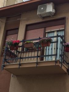 a balcony with three potted plants and a air conditioner at Fontana Di Li Rosi in Campofranco