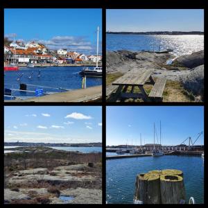 a group of four pictures of a harbor with boats at Skärgårdsidyll på Björkö med gångavstånd till havet in Skarvik