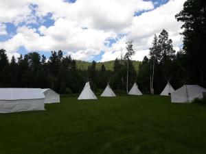 a group of white tents in a field at Lonesome Dove Ranch in Kalispell