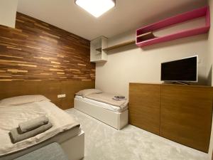 a bedroom with a bed and a flat screen tv at Apartman Romantika 13 Chopok juh Tale in Tale