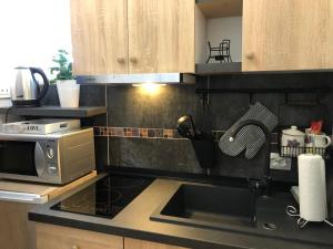 a kitchen with a sink and a microwave at Studio Apartman Lipik in Lipik +16 photos