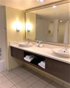 a bathroom with two sinks and a mirror at Holiday Inn Express Fishers - Indy's Uptown, an IHG Hotel in Fishers