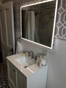 uma casa de banho com um lavatório e um espelho em Suite 3 Eighteen em Shelbyville