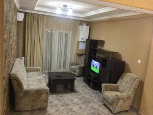 ein Wohnzimmer mit Sofas und einem TV im Zimmer in der Unterkunft Welcome Genatsvale in Tbilisi City
