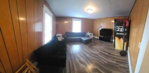ein Wohnzimmer mit einem blauen Sofa und einem TV in der Unterkunft The Dragon's Den Downstairs Room 1 in Tazewell