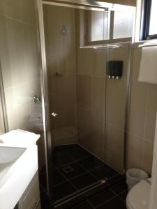 a bathroom with a shower, sink, and toilet at Francis Phillip Motor Inn and The Lodge in Singleton