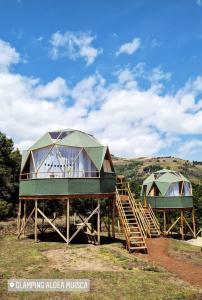 two large domed buildings on a hill with trees at GLAMPING Aldea Muisca in Tota