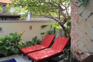 two red chairs sitting next to a tree at Ketut Villa Sanur in Sanur