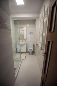 een badkamer met een douche, een toilet en een wastafel bij Black Sea Booking - Munchen in Mamaia Nord – Năvodari