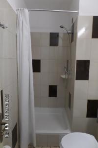 a bathroom with a shower with a toilet and a shower curtain at Hotel Metropol in Mamaia