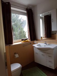 uma casa de banho com um WC, um lavatório e uma janela em City Appartments em Braunschweig