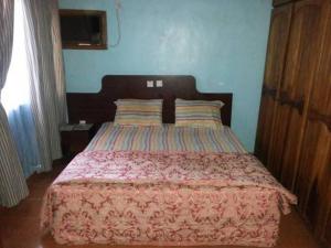 a bedroom with a large bed with a pink bedspread at Room in Lodge - Garentiti Apartment, in Asaba