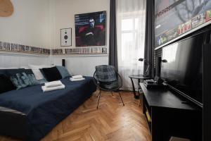 sypialnia z łóżkiem i telewizorem z płaskim ekranem w obiekcie apartamenty kamienica w mieście Puck