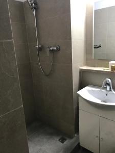 bagno con doccia e lavandino di Hotel Lebăda ad Amara