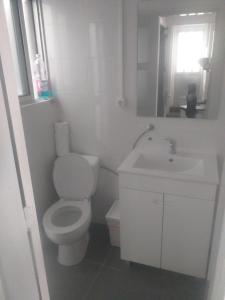 a white bathroom with a toilet and a sink at Buarcos-Figueira de Foz in Figueira da Foz