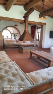 a large room with wooden tables and a stove at Villa Lorenzo con wi-fi, aria condizionata, posto auto in Castagneto Carducci