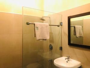 un bagno con doccia, lavandino e specchio di Mayor's & Diplomat Suite - GRA a Ikeja
