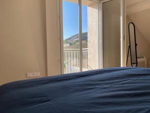 a bedroom with a bed and a large window at Le Pavillon de l'Hermitage - Spa ouvert d'Avril à Octobre in Tain-lʼHermitage