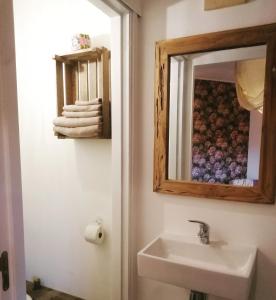 a bathroom with a sink and a mirror at Logement Doosje in Warfstermolen