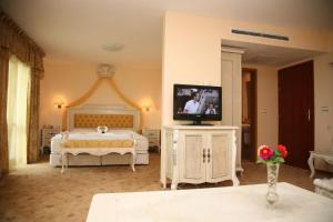 a bedroom with a bed and a flat screen tv at Duni Pelican Hotel - All Inclusive in Sozopol +44 photos