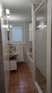 a small bathroom with a sink and a shower at Szarvaskő Vendégház in Szarvaskő +31 photos