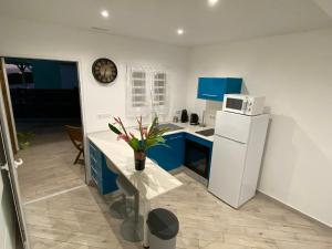 a kitchen with blue cabinets and a white refrigerator at La Villa Navidad in Ducos