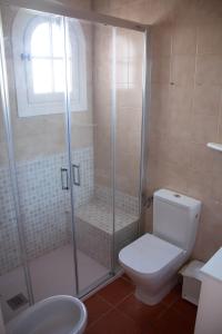 uma casa de banho com um chuveiro, um WC e um lavatório. em Homenfun Menorca Playa de Fornells II em Fornells